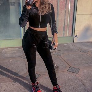 Black velour track suit